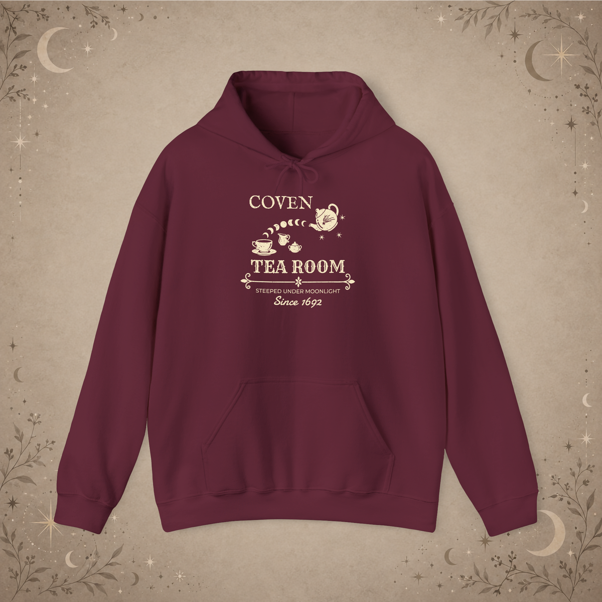 Coven Tea Room pullover hoodie in Maroon, front view