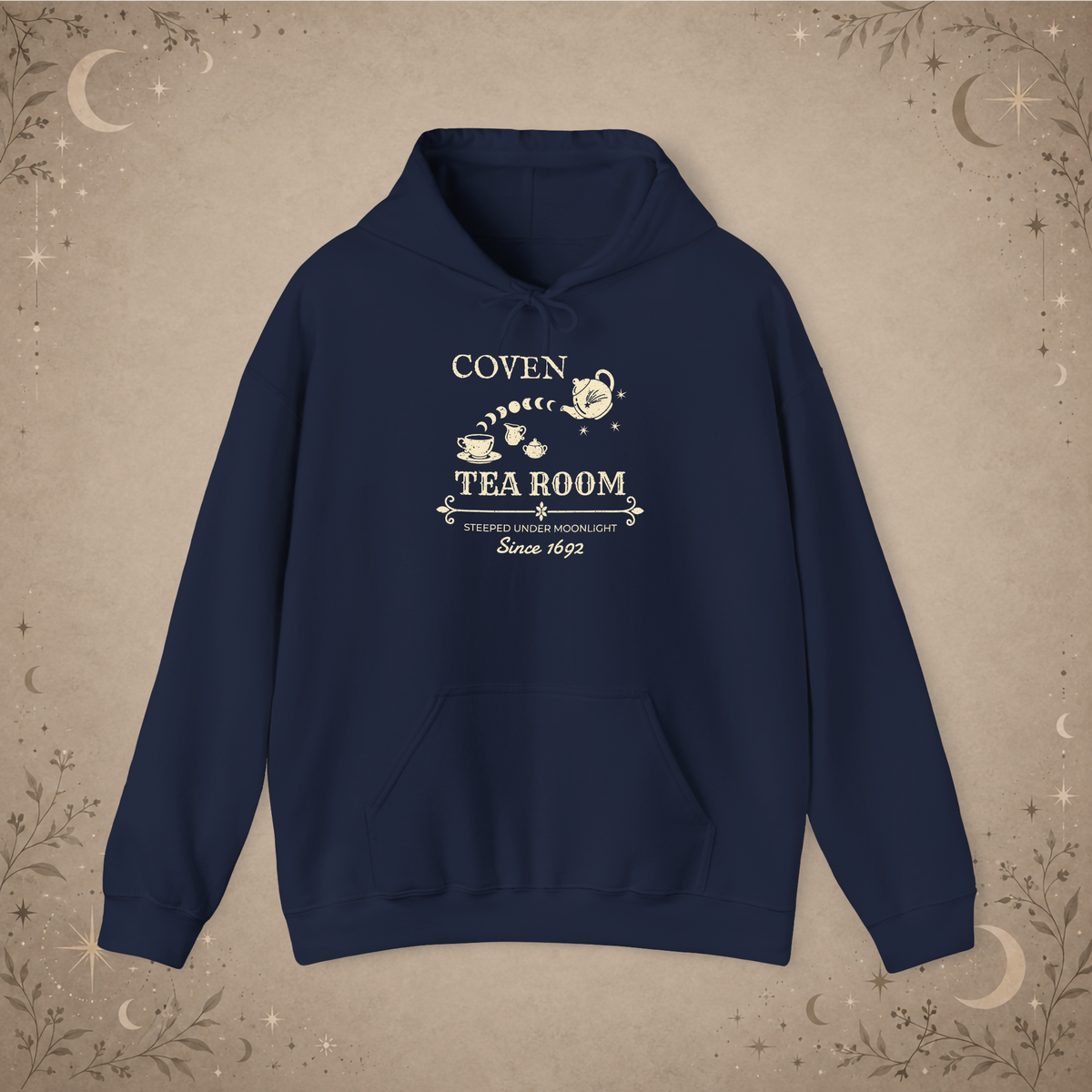 Coven Tea Room pullover hoodie in Navy, front view