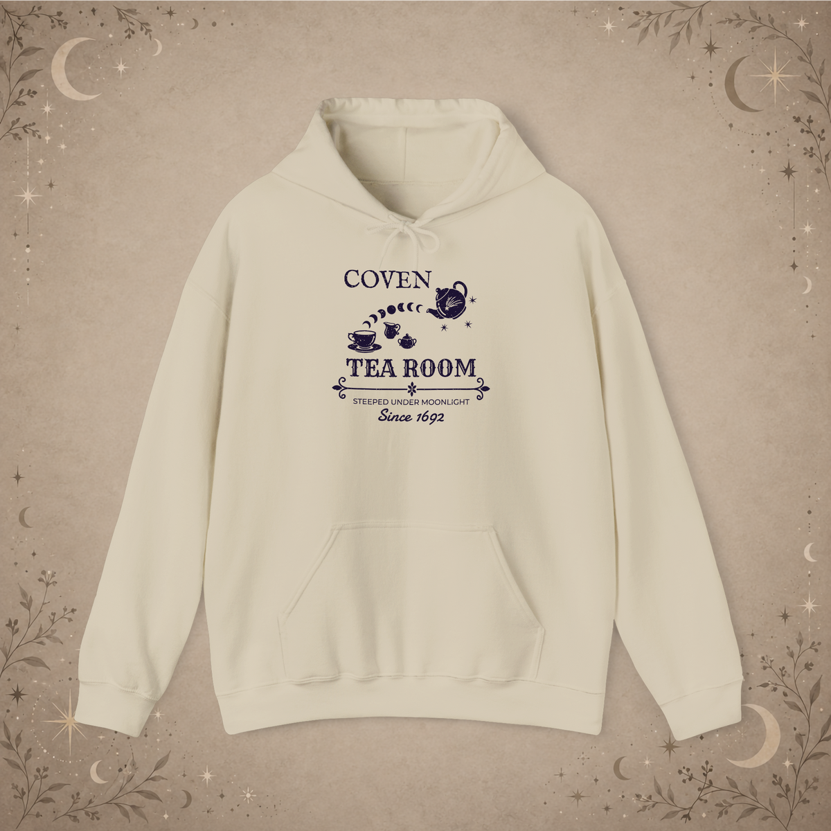 Coven Tea Room pullover hoodie in Sand, front view