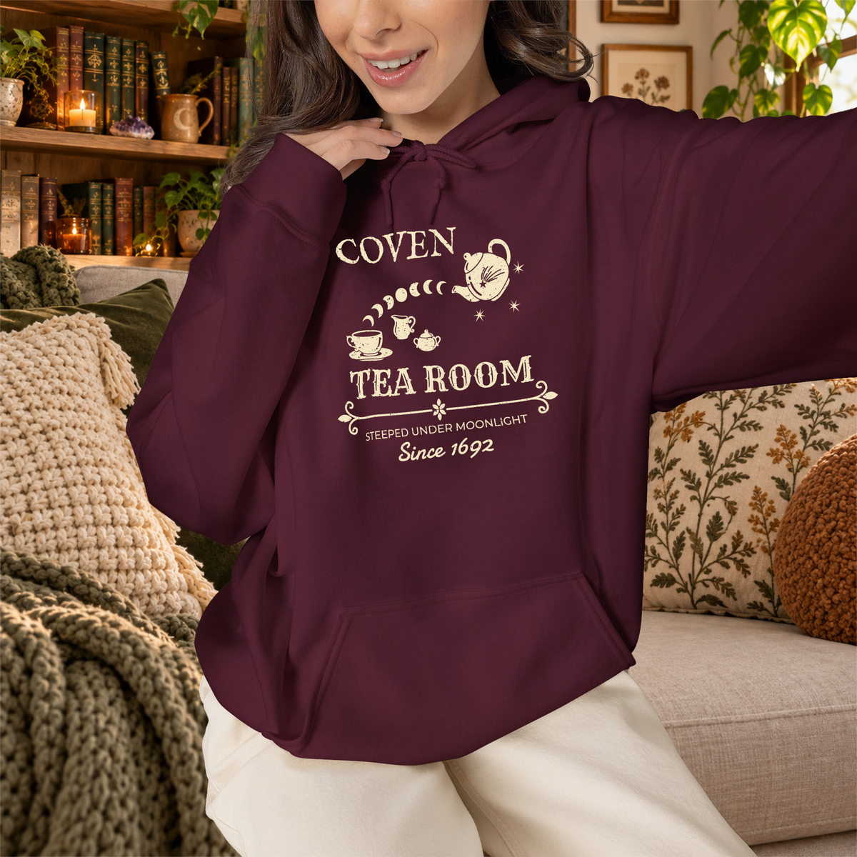 Coven Tea Room pullover hoodie in Maroon, lifestyle mockup