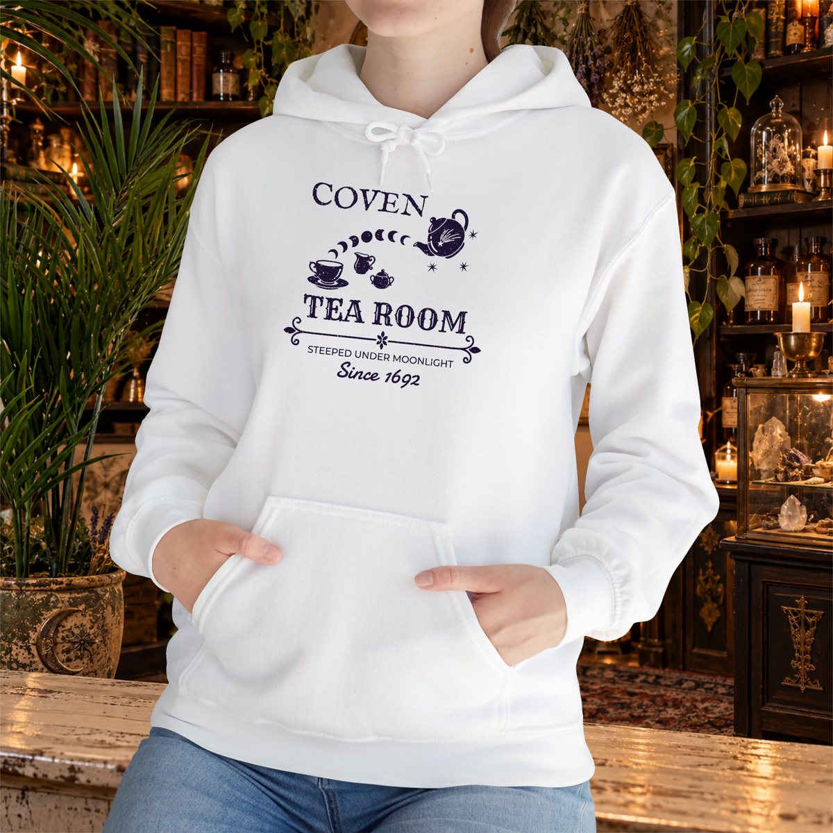 Coven Tea Room pullover hoodie in White, lifestyle mockup