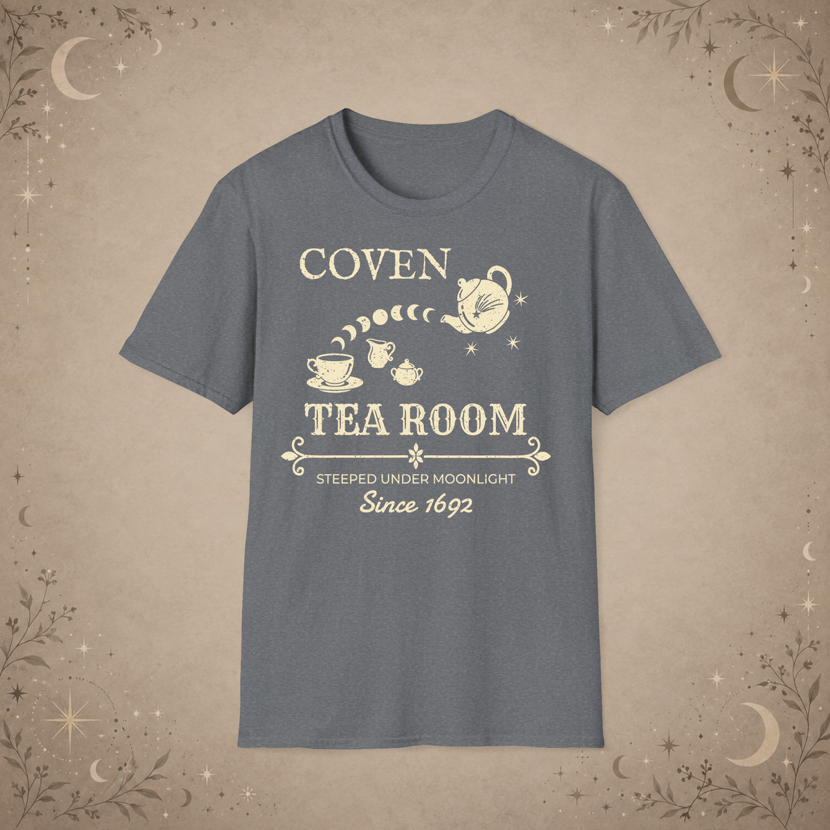 Coven Tea Room graphic tee in Graphite Heather