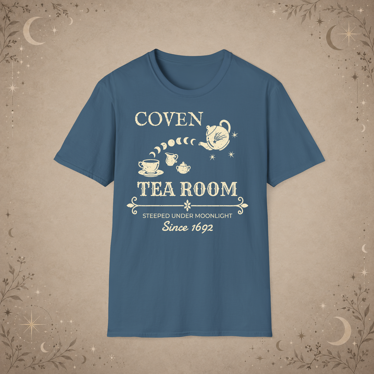 Coven Tea Room graphic tee in Indigo Blue
