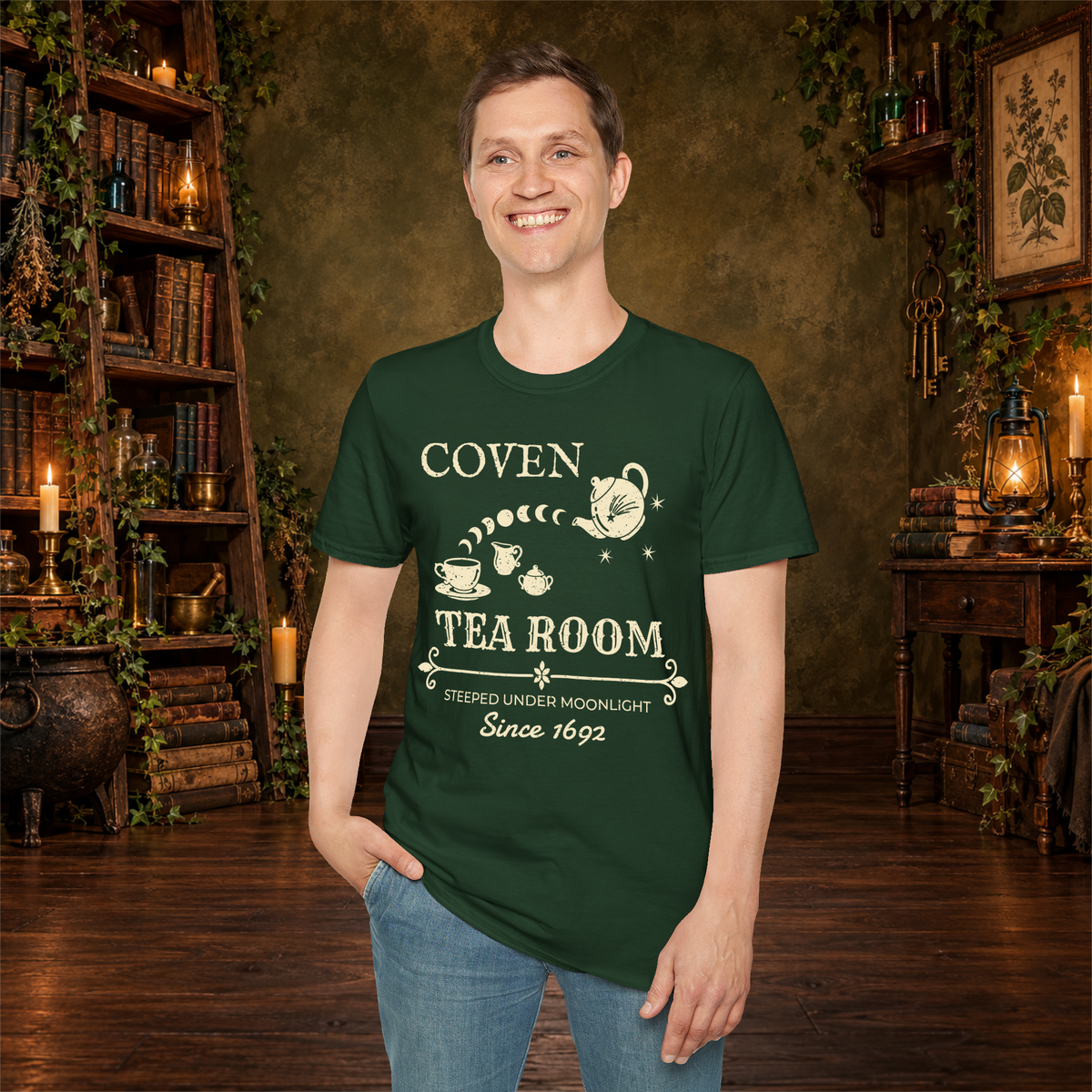 Coven Tea Room graphic tee on standing man