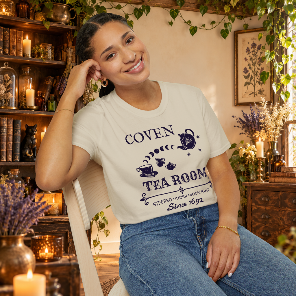 Coven Tea Room graphic tee on seated woman