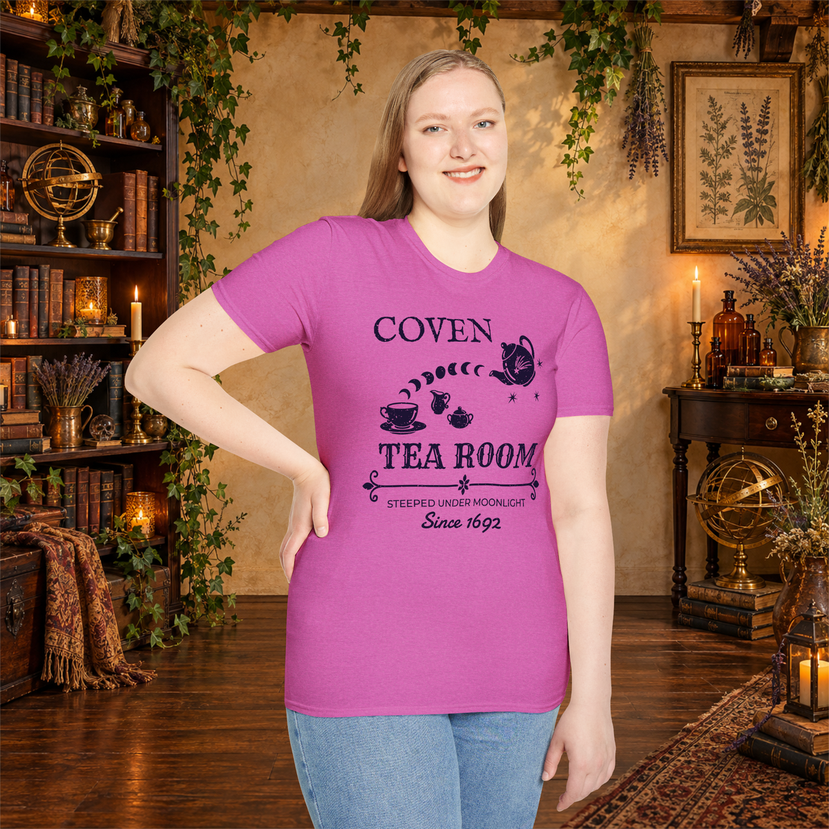 Coven Tea Room graphic tee on standing woman
