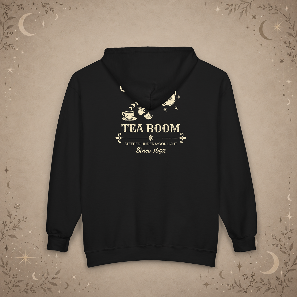Coven Tea Room full-zip hoodie in Black, back view