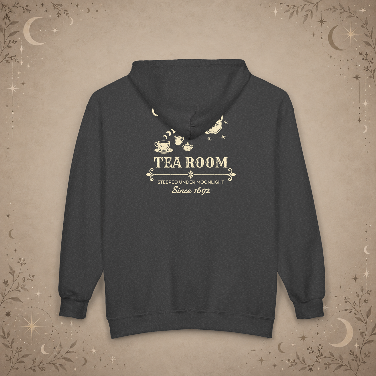 Coven Tea Room full-zip hoodie in Dark Heather, back view
