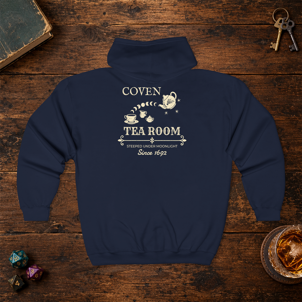 Coven Tea Room full-zip hoodie in Navy, back lay-flat mockup