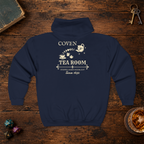 Coven Tea Room full-zip hoodie in Navy, back lay-flat mockup