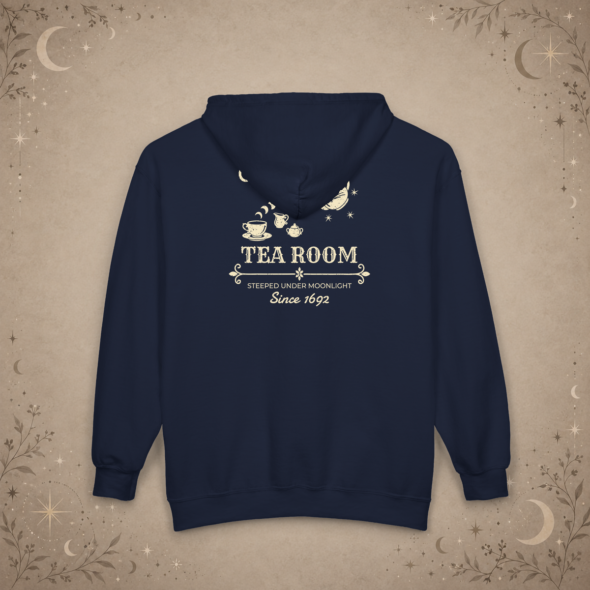 Coven Tea Room full-zip hoodie in Navy, back view