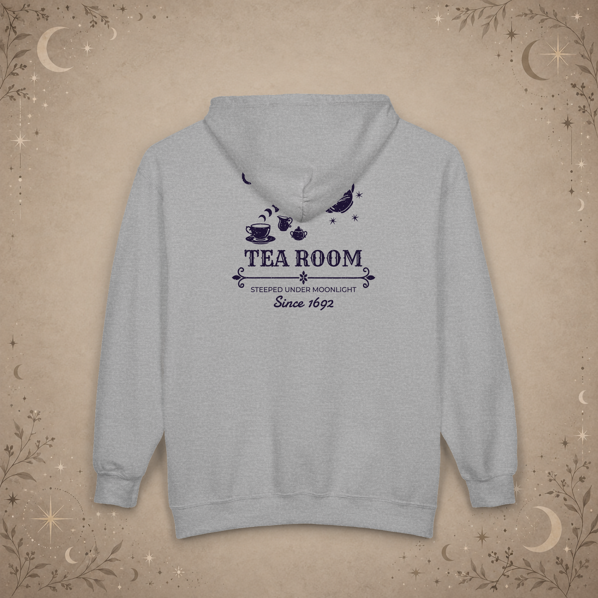 Coven Tea Room full-zip hoodie in Sport Grey, back view