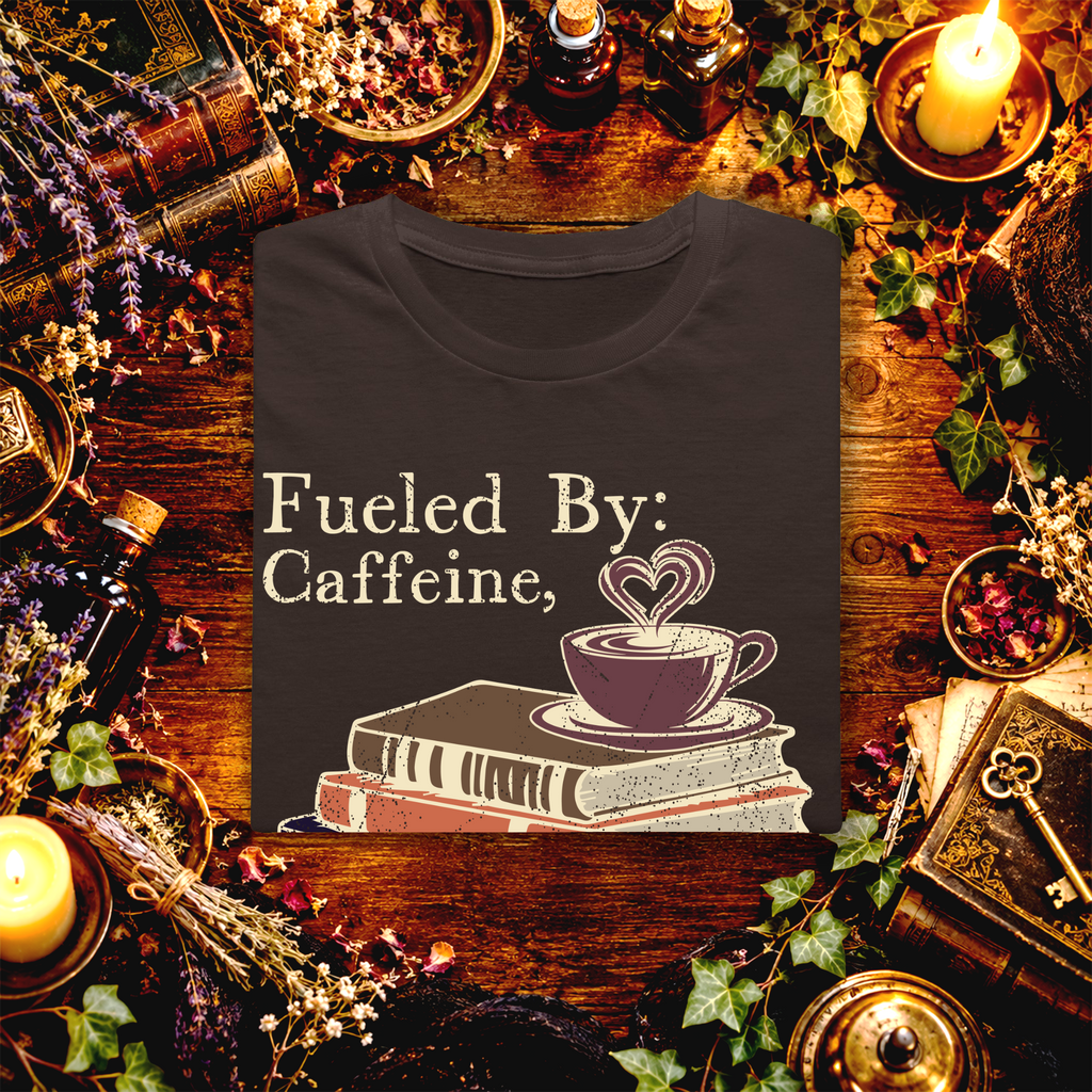 Dark Chocolate Fueled by Caffeine, Fictional Men and Poor Decisions T-shirt, folded mockup