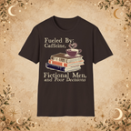 Fueled by Caffeine, Fictional Men and Poor Decisions graphic T-shirt in Dark Chocolate, front view