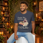 Heather Navy Fueled by Caffeine, Fictional Men and Poor Decisions T-shirt, man seated mockup