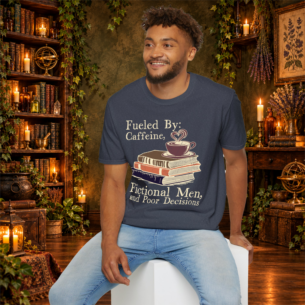 Heather Navy Fueled by Caffeine, Fictional Men and Poor Decisions T-shirt, man seated mockup