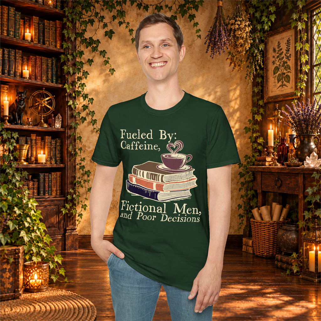 Forest Green Fueled by Caffeine, Fictional Men and Poor Decisions T-shirt, man standing mockup
