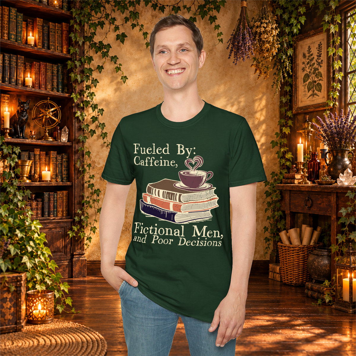 Forest Green Fueled by Caffeine, Fictional Men and Poor Decisions T-shirt, man standing mockup