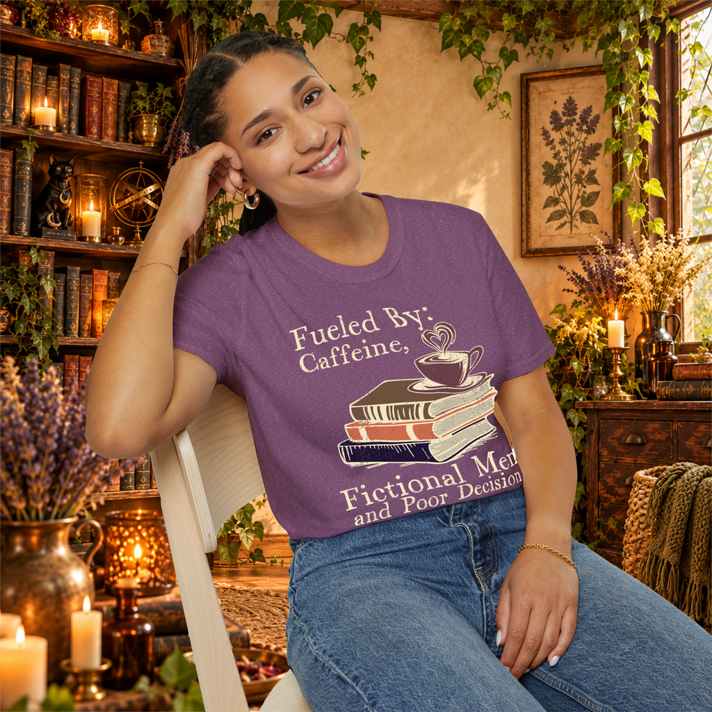 Heather Maroon Fueled by Caffeine, Fictional Men and Poor Decisions T-shirt, woman seated mockup