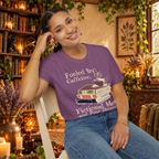 Heather Maroon Fueled by Caffeine, Fictional Men and Poor Decisions T-shirt, woman seated mockup