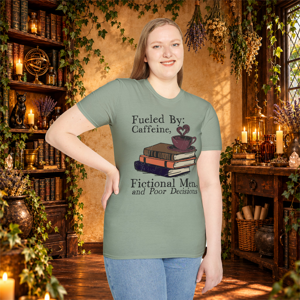Sage Fueled by Caffeine, Fictional Men and Poor Decisions T-shirt, woman standing mockup