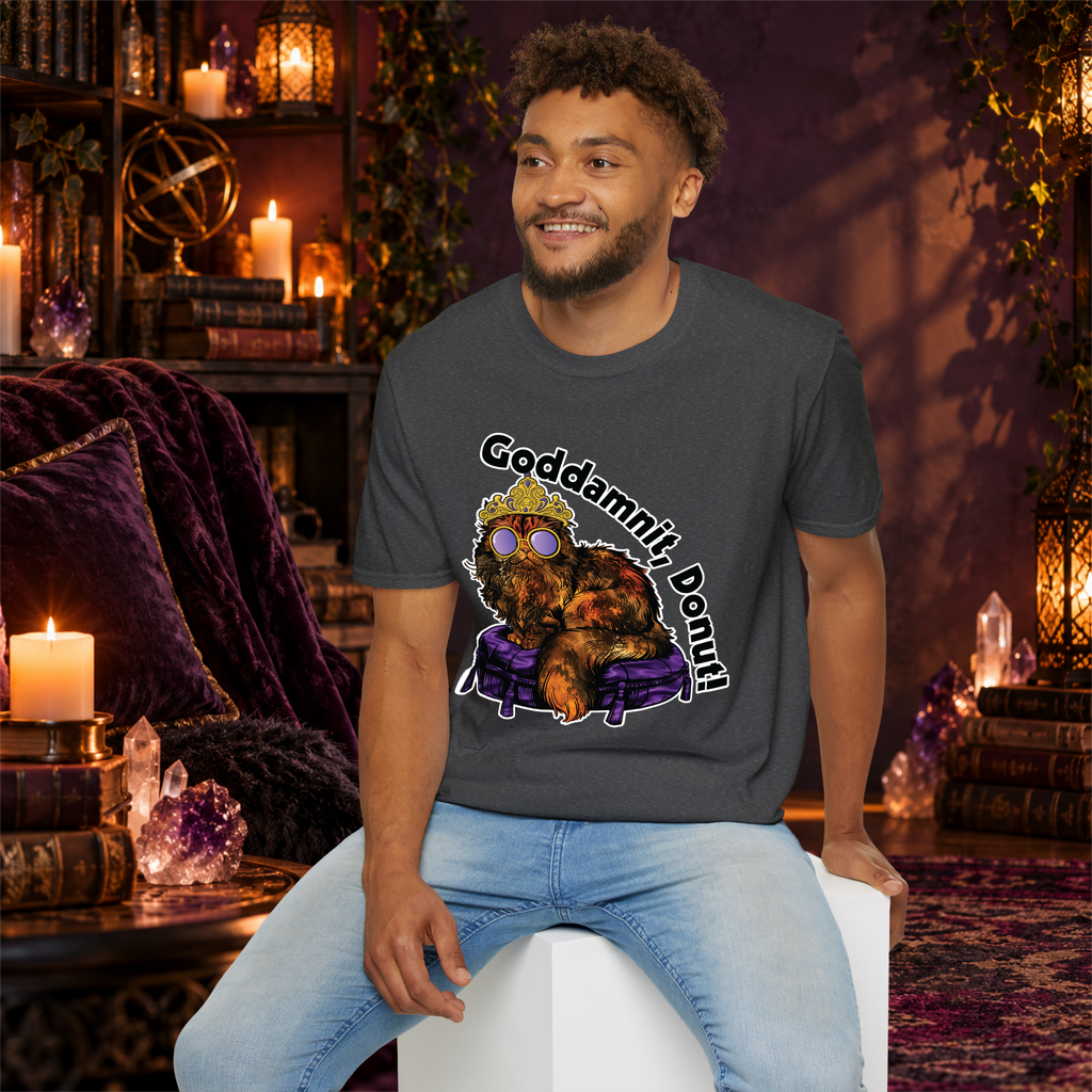 Goddamnit, Donut! graphic tee on seated man
