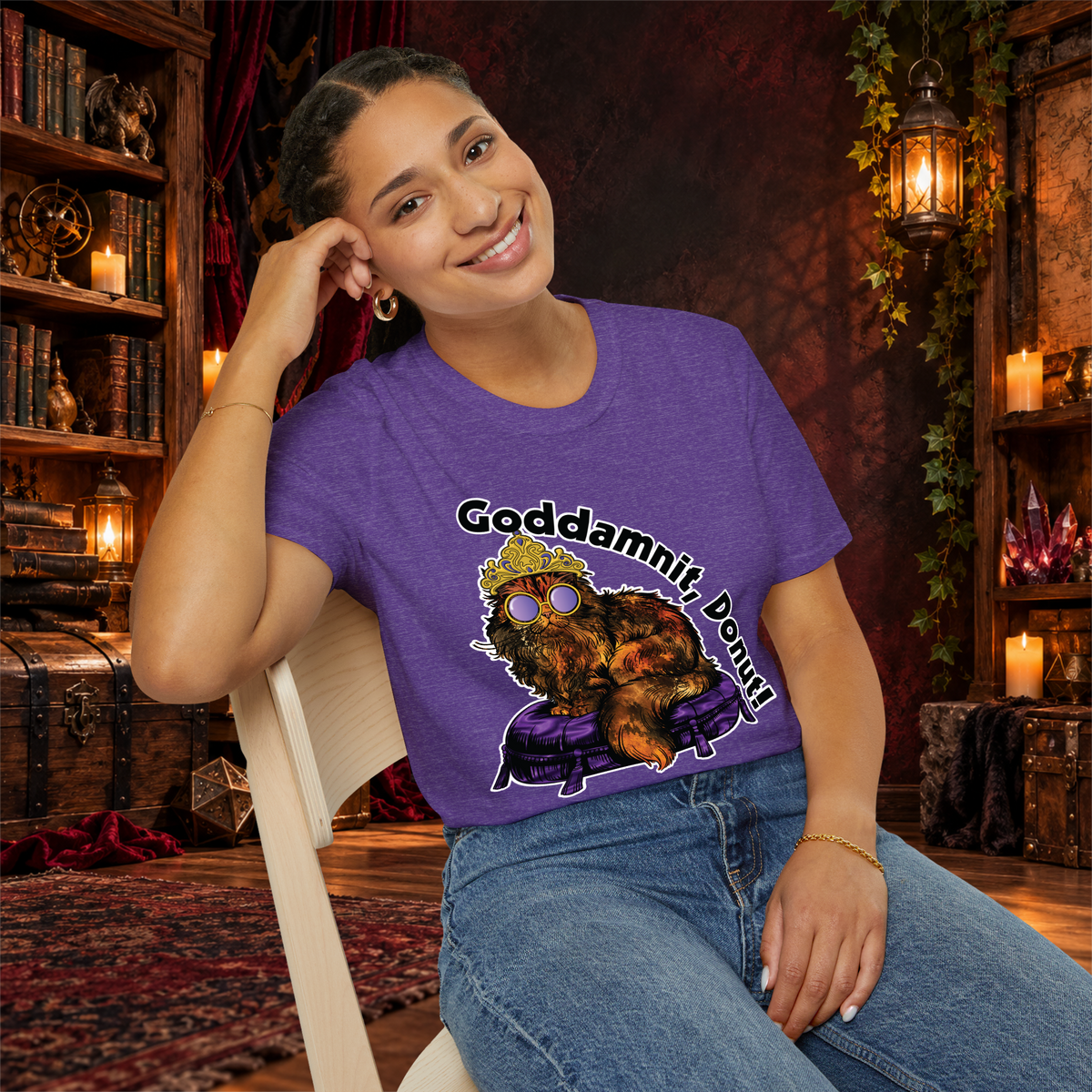 Goddamnit, Donut! graphic tee on seated woman