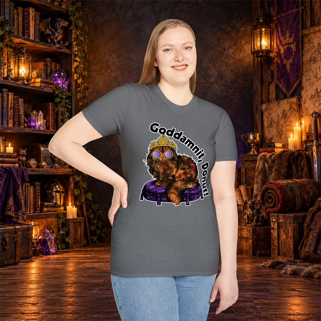 Goddamnit, Donut! graphic tee on standing woman