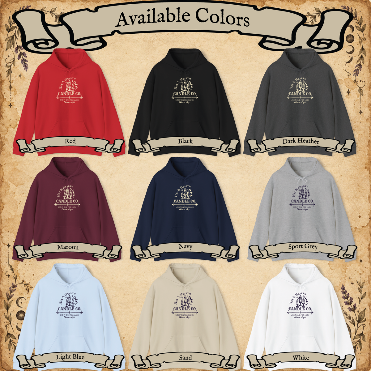 Hex and Hearth pullover hoodie available color chart