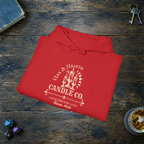Hex & Hearth Candle Co. pullover hoodie in Red, folded mockup