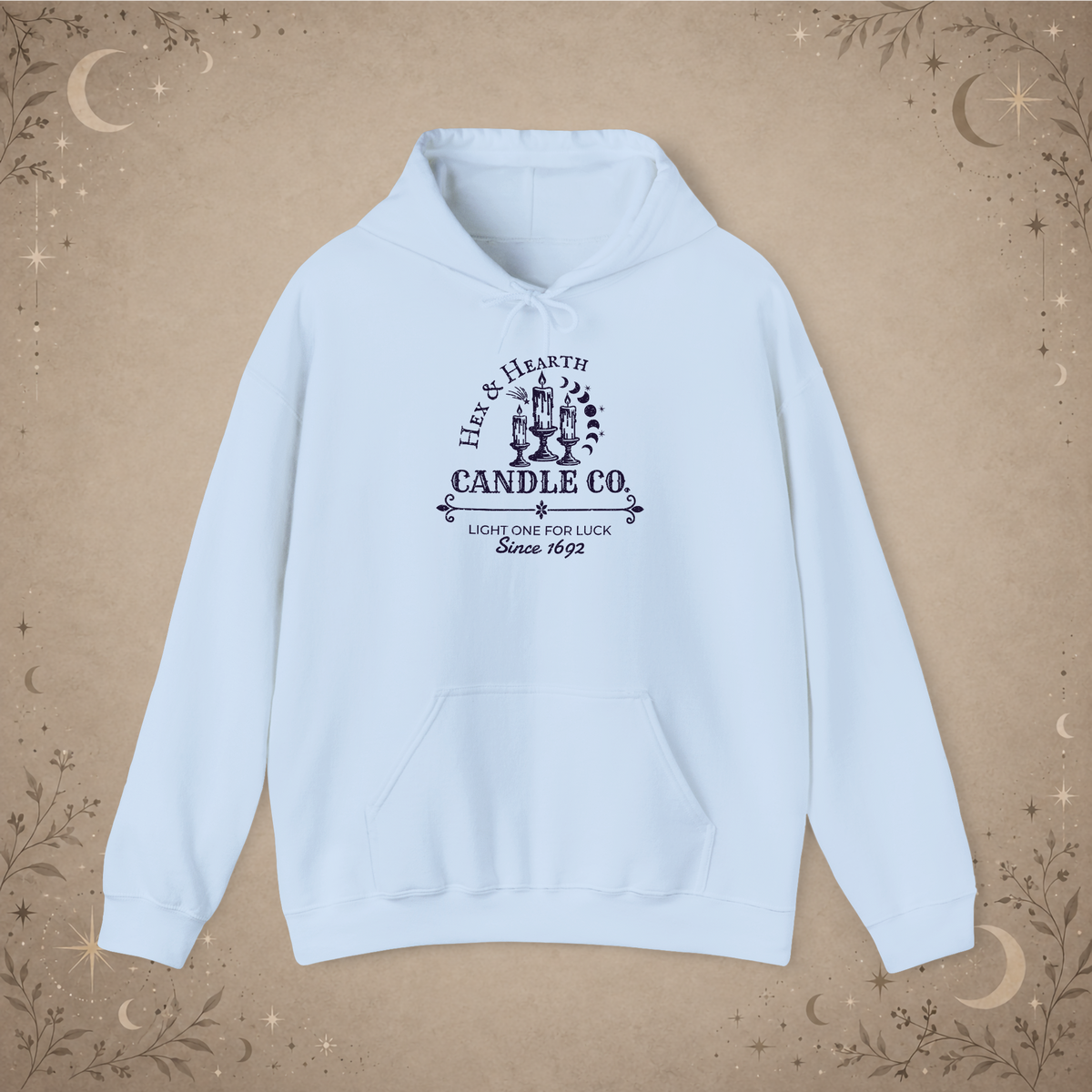 Hex & Hearth Candle Co. pullover hoodie in Light Blue, front view