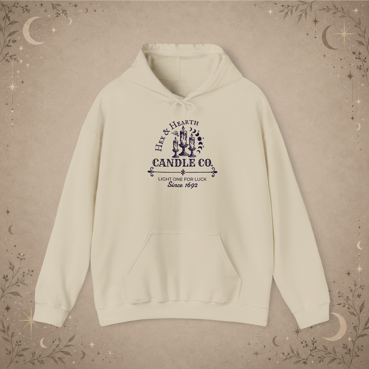 Hex & Hearth Candle Co. pullover hoodie in Sand, front view