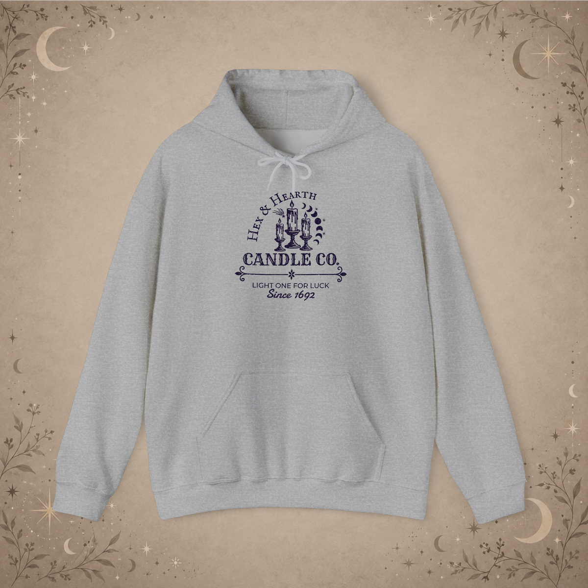 Hex & Hearth Candle Co. pullover hoodie in Sport Grey, front view