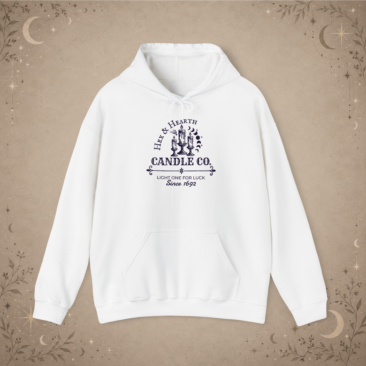 Hex & Hearth Candle Co. pullover hoodie in White, front view