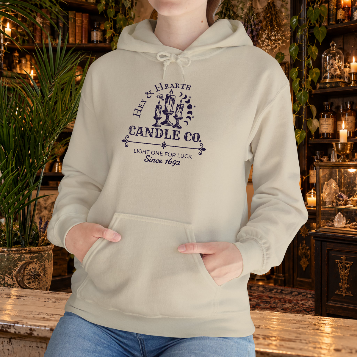 Hex & Hearth Candle Co. pullover hoodie in Sand, lifestyle mockup