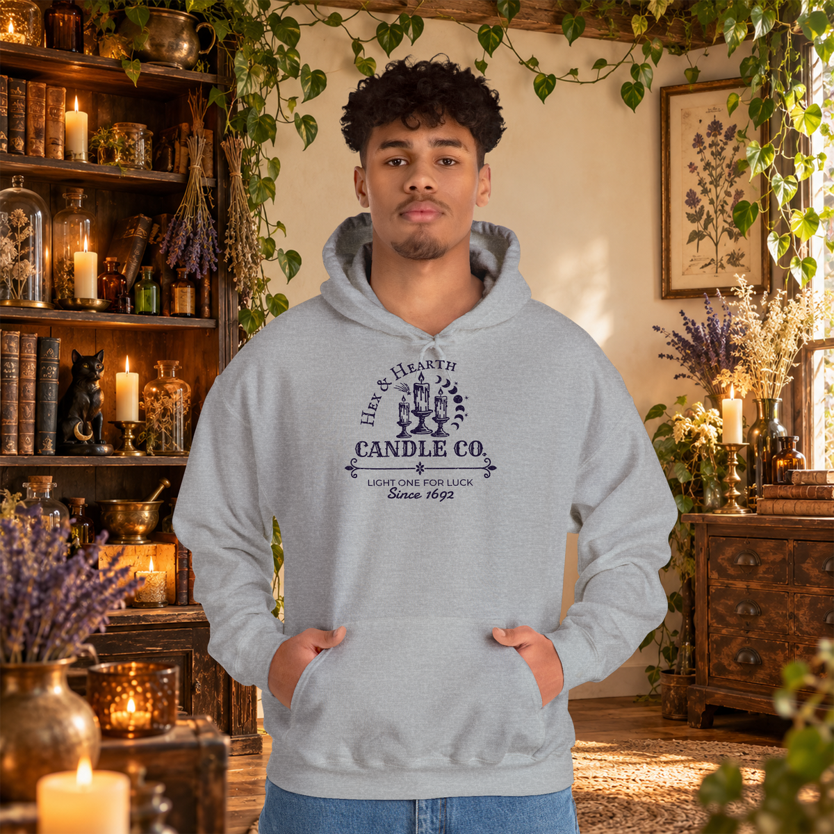 Hex & Hearth Candle Co. pullover hoodie in Sport Grey, worn by a standing man