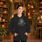 Hex & Hearth Candle Co. pullover hoodie in Black, worn by a standing woman