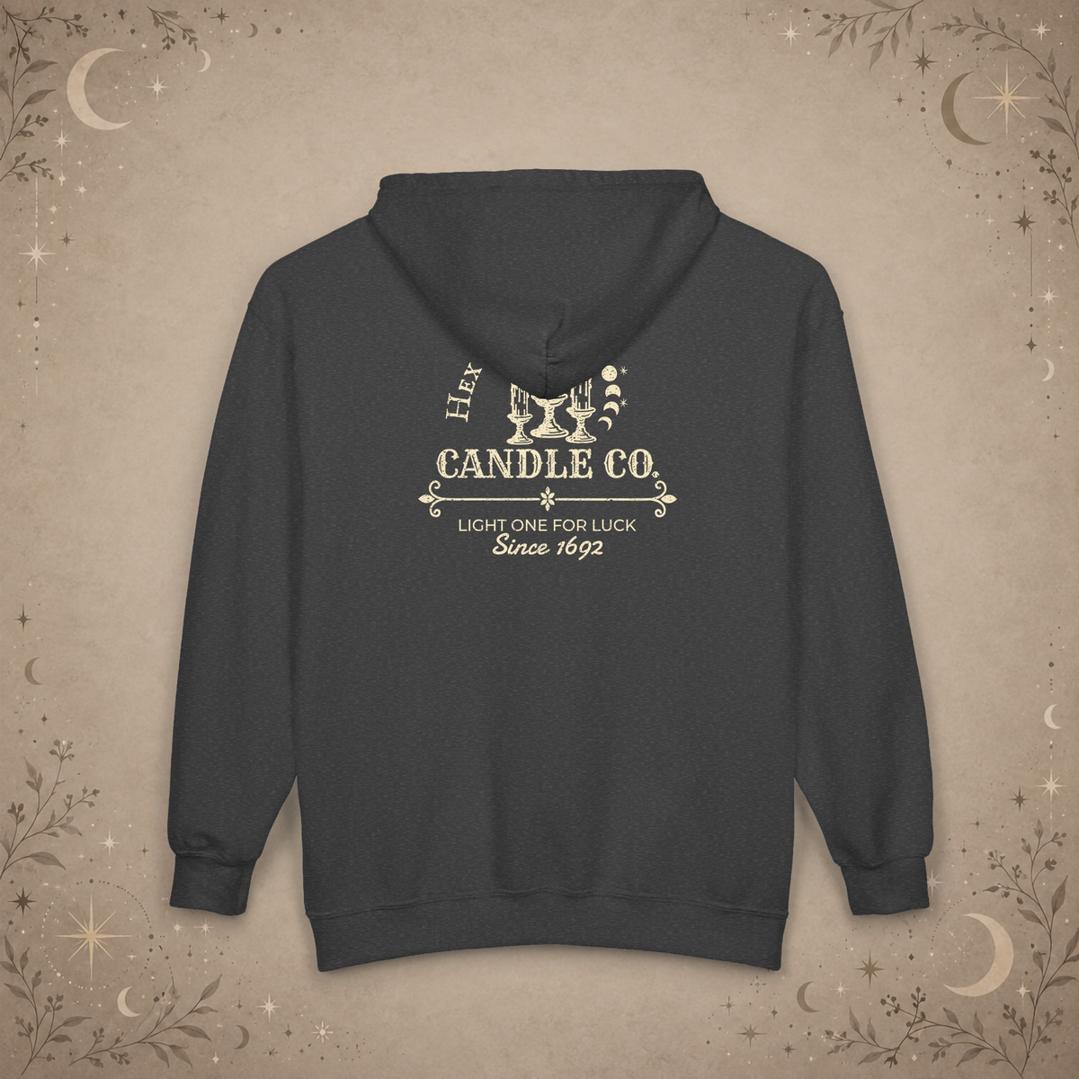 Hex & Hearth Candle Co. full-zip hoodie in Dark Heather, back view