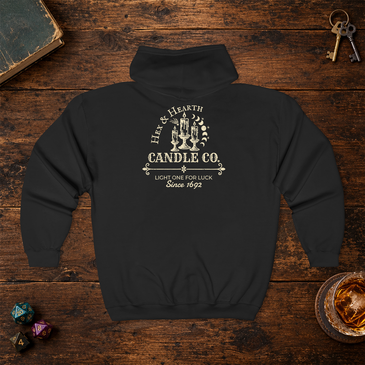 Hex & Hearth Candle Co. full-zip hoodie in Black, back lay-flat mockup