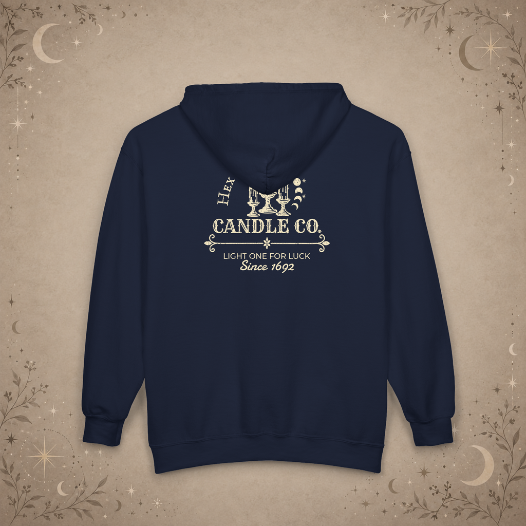 Hex & Hearth Candle Co. full-zip hoodie in Navy, back view