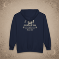 Hex & Hearth Candle Co. full-zip hoodie in Navy, back view
