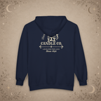 Hex & Hearth Candle Co. full-zip hoodie in Navy, back view