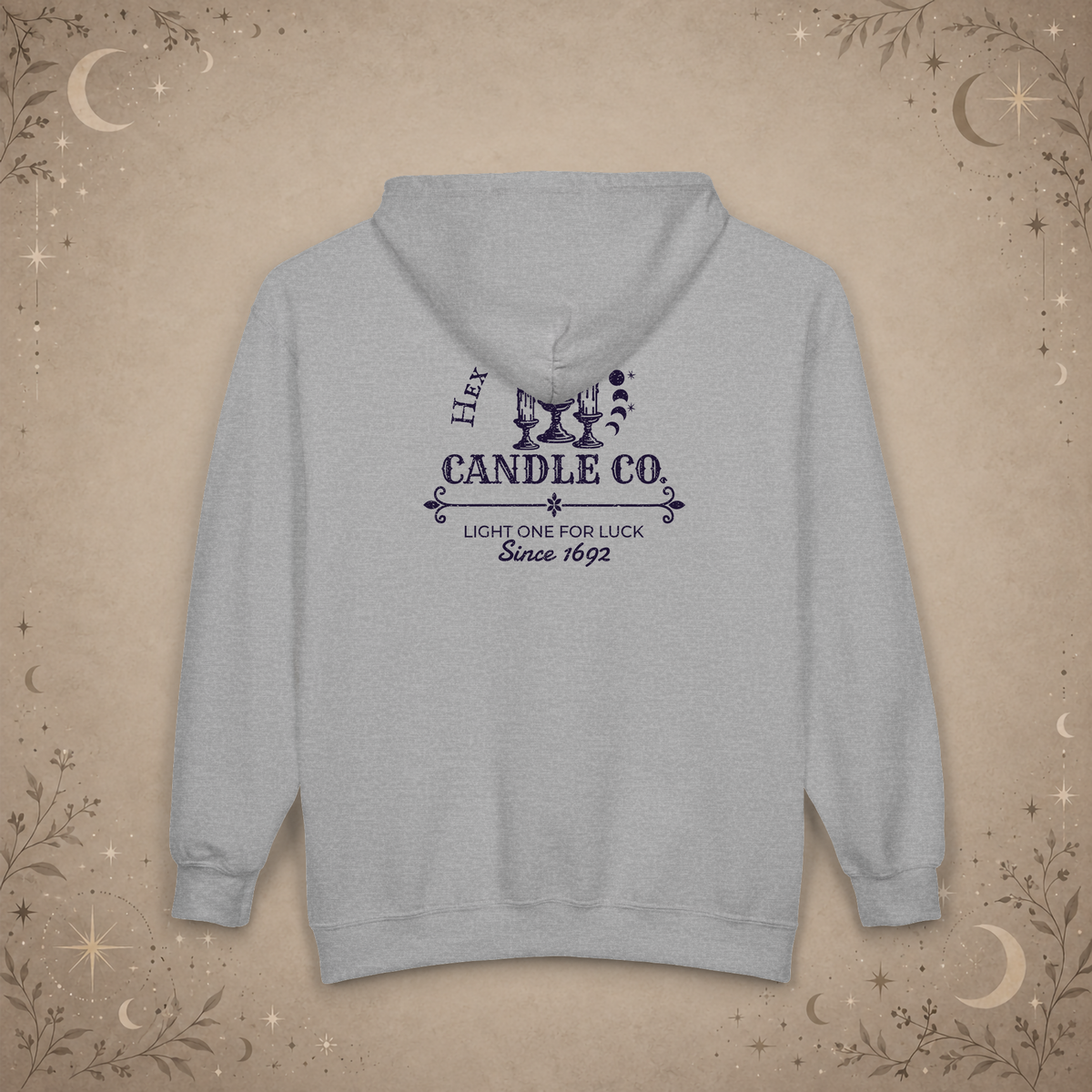 Hex & Hearth Candle Co. full-zip hoodie in Sport Grey, back view
