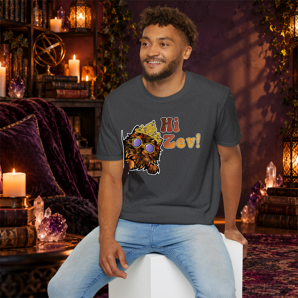 Hi Zev! graphic tee on seated man