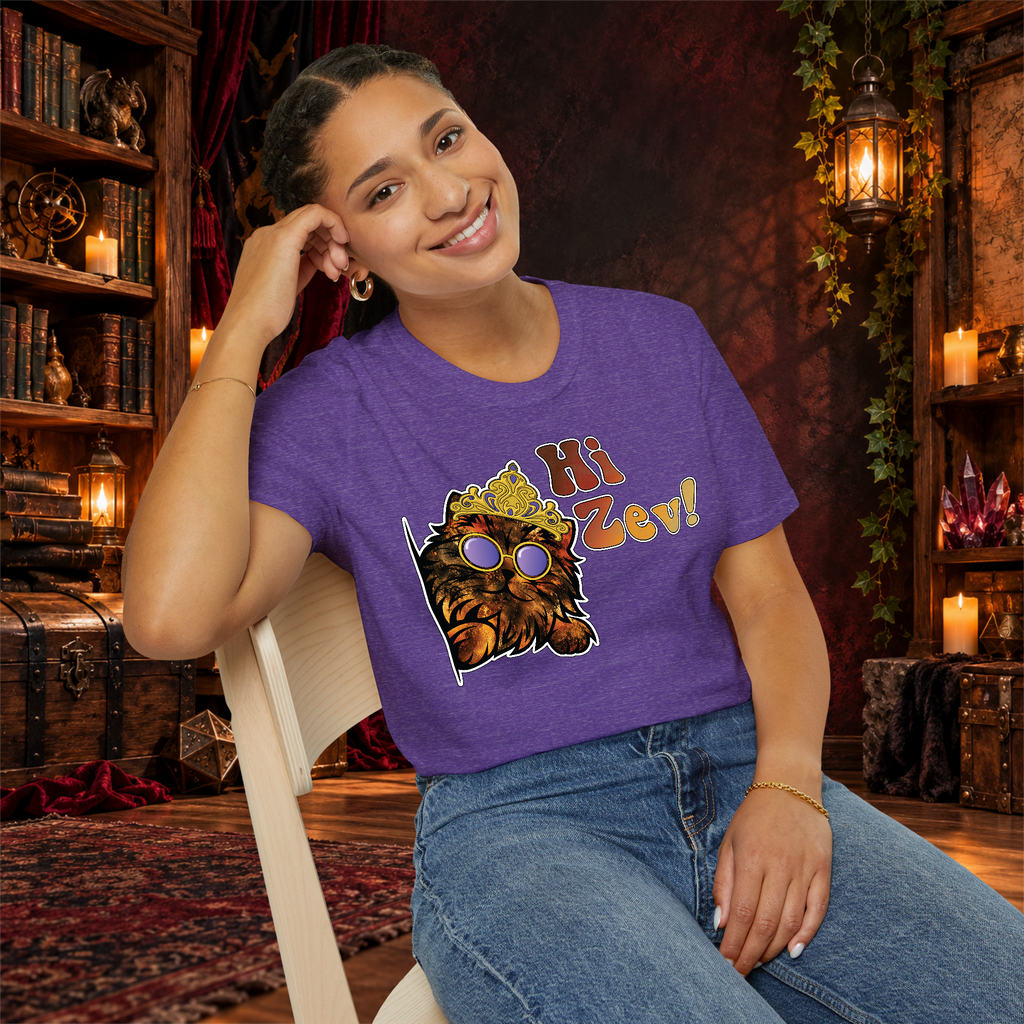 Hi Zev! graphic tee on seated woman