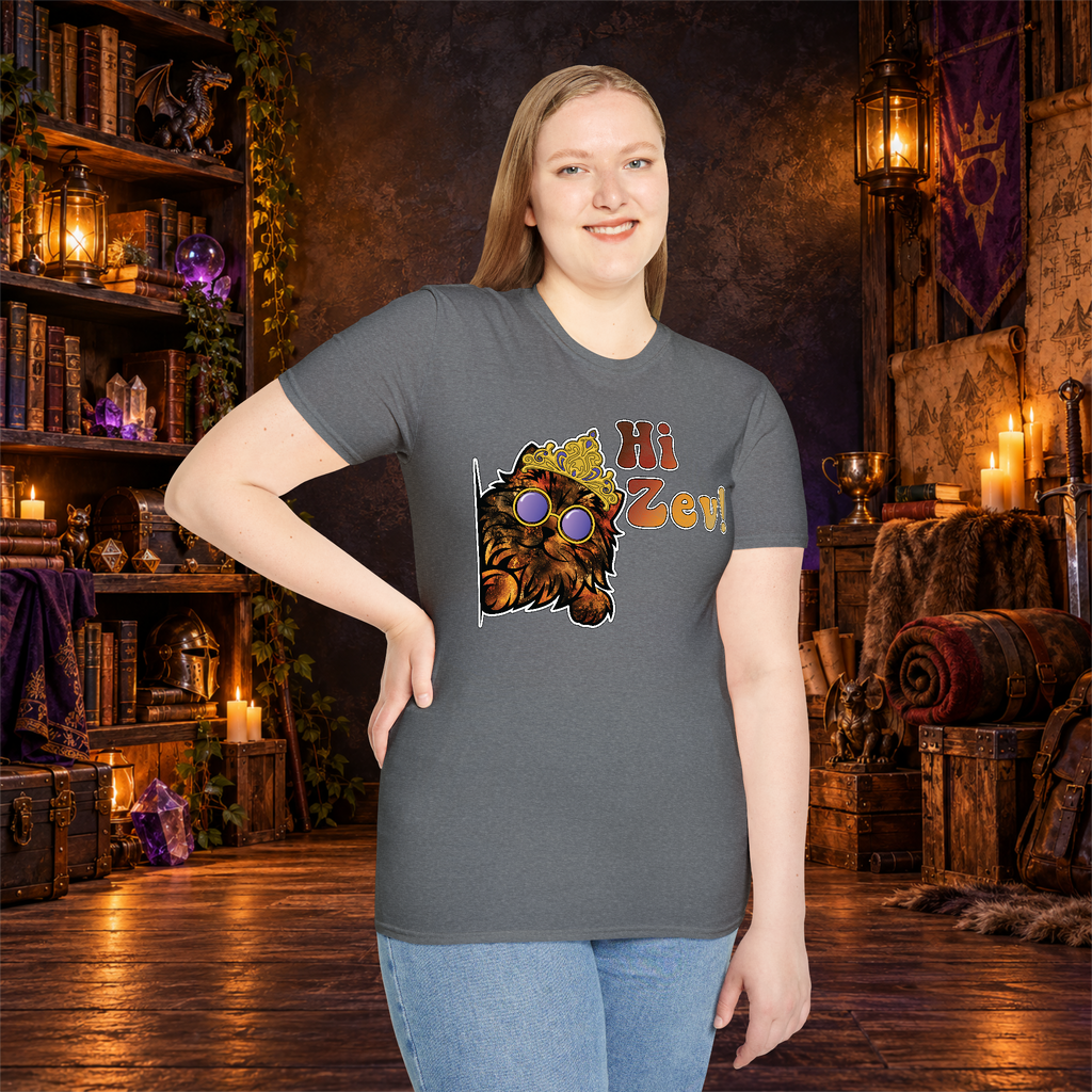 Hi Zev! graphic tee on standing woman