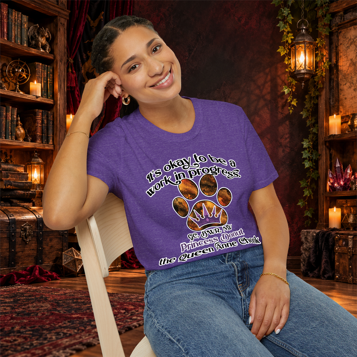 It’s Okay to Be a Work in Progress graphic tee on seated woman