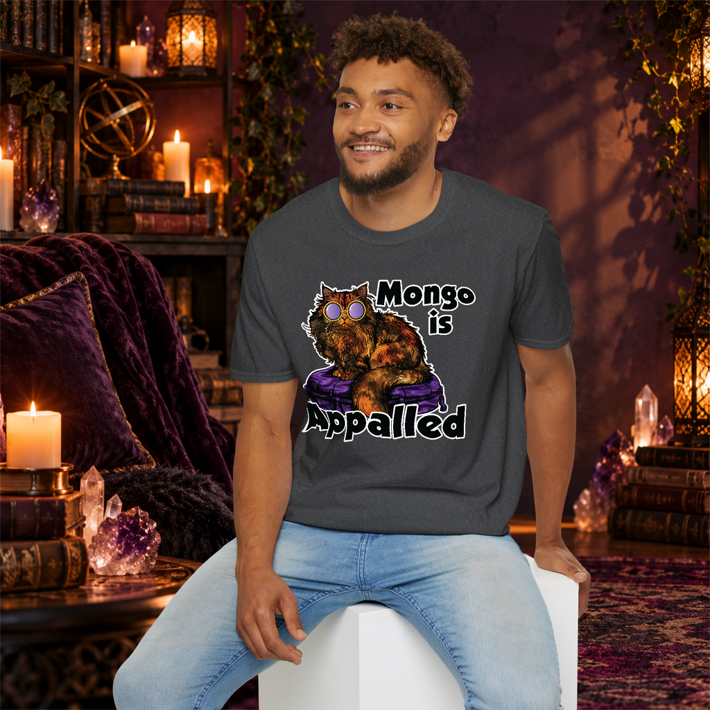 Mongo Is Appalled graphic T-shirt modeled by a seated man