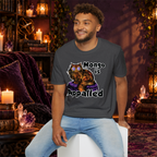 Mongo Is Appalled graphic T-shirt modeled by a seated man