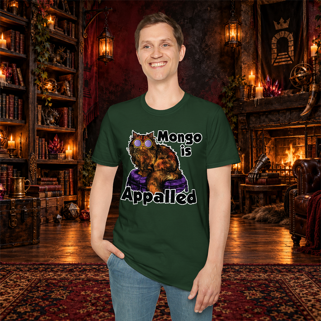 Mongo Is Appalled graphic T-shirt modeled by a standing man
